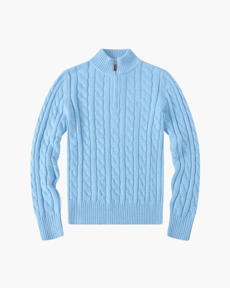 Women's Cotton Half-Zip Sweater with High Neck and Ribbed Trims - Baby Blue