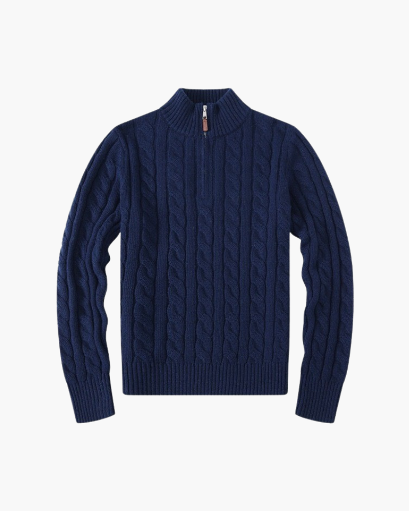 Women's Cotton Half-Zip Sweater with High Neck and Ribbed Trims - Marine Blue