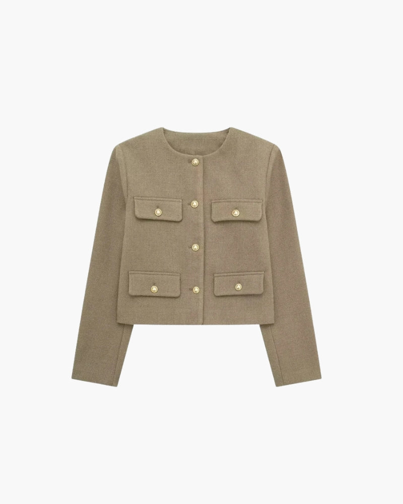 Women's Cropped Blazer with Structured Shoulders and Patch Pockets - Brown
