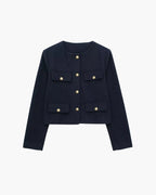 Women's Cropped Blazer with Structured Shoulders and Patch Pockets - Navy