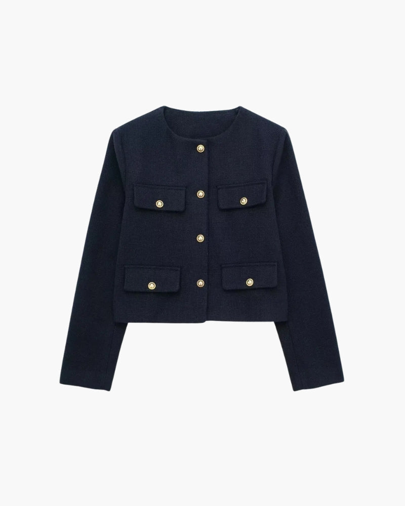 Women's Cropped Blazer with Structured Shoulders and Patch Pockets - Navy