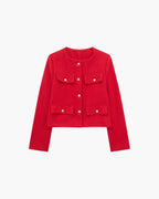 Women's Cropped Blazer with Structured Shoulders and Patch Pockets - Red