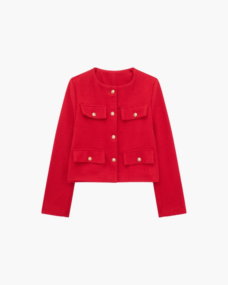 Women's Cropped Blazer with Structured Shoulders and Patch Pockets - Red