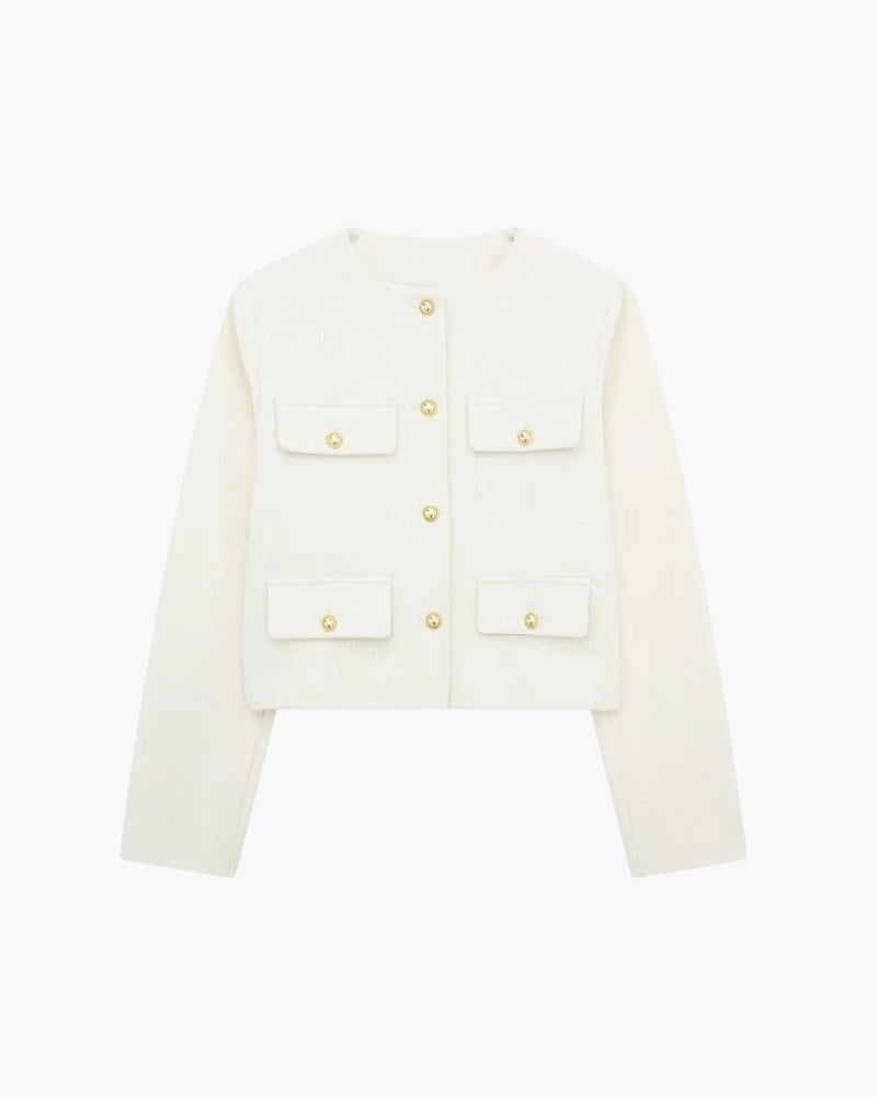 Women's Cropped Blazer with Structured Shoulders and Patch Pockets - White