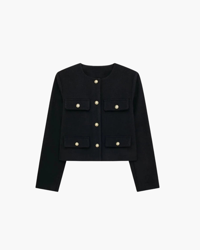 Women's Cropped Blazer with Structured Shoulders and Patch Pockets - Black