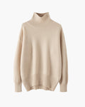 Women's Fine Knit Turtleneck Sweater with Ribbed Cuffs - Beige