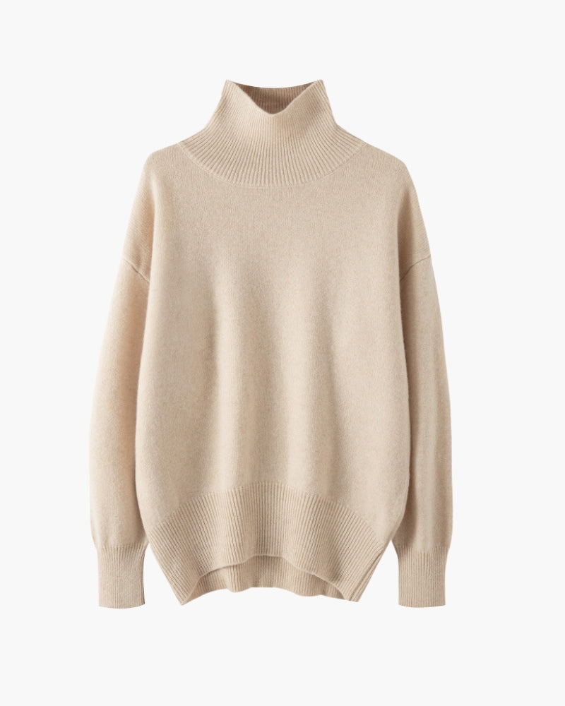 Women's Fine Knit Turtleneck Sweater with Ribbed Cuffs - Beige