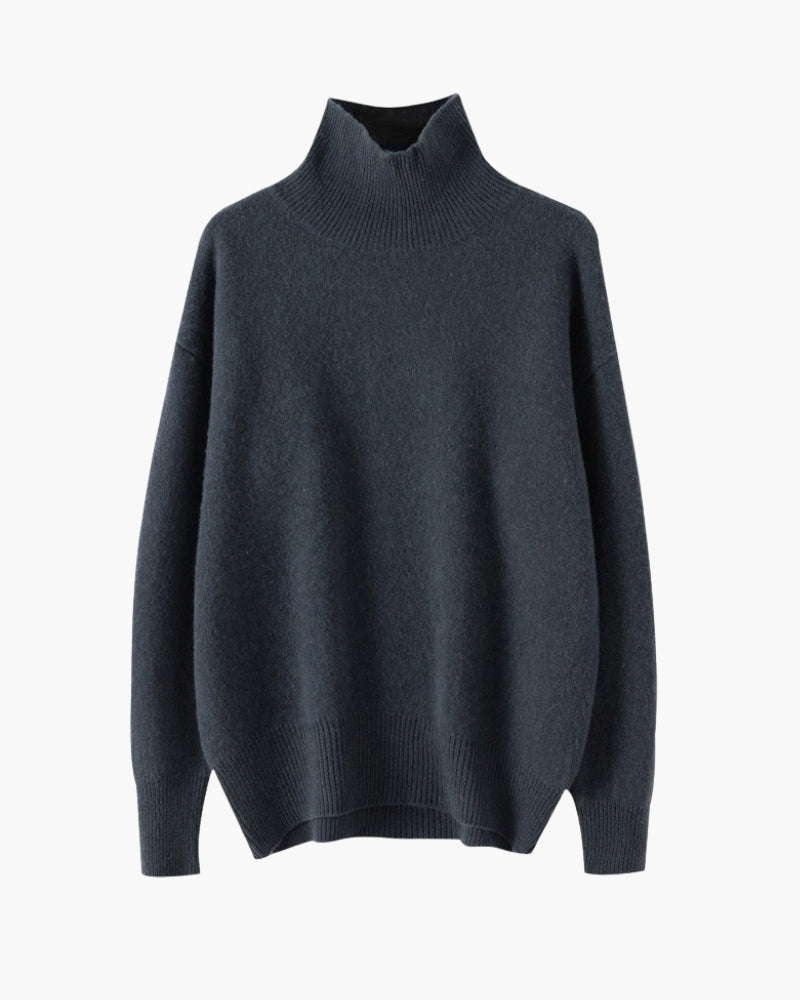 Women's Fine Knit Turtleneck Sweater with Ribbed Cuffs - Navy