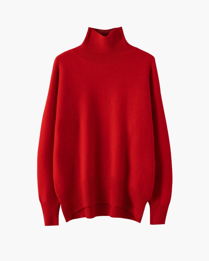 Women's Fine Knit Turtleneck Sweater with Ribbed Cuffs - Red