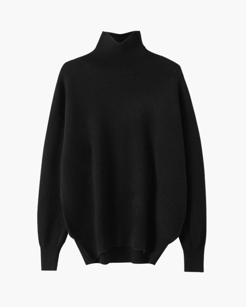 Women's Fine Knit Turtleneck Sweater with Ribbed Cuffs - Black