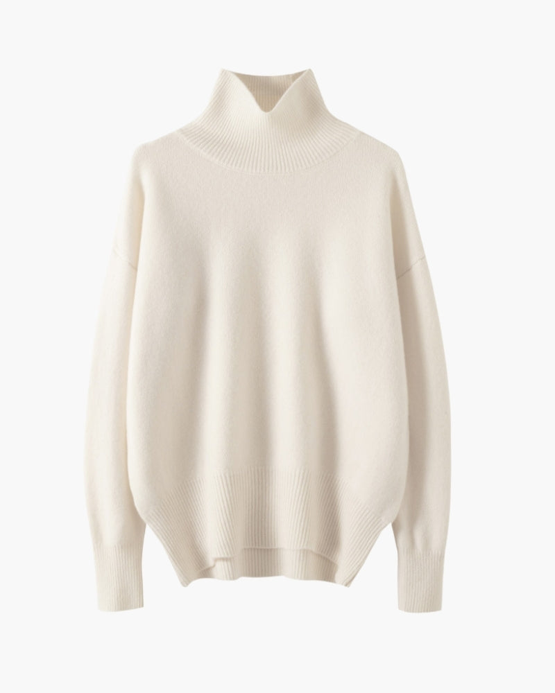 Women's Fine Knit Turtleneck Sweater with Ribbed Cuffs - Ivory