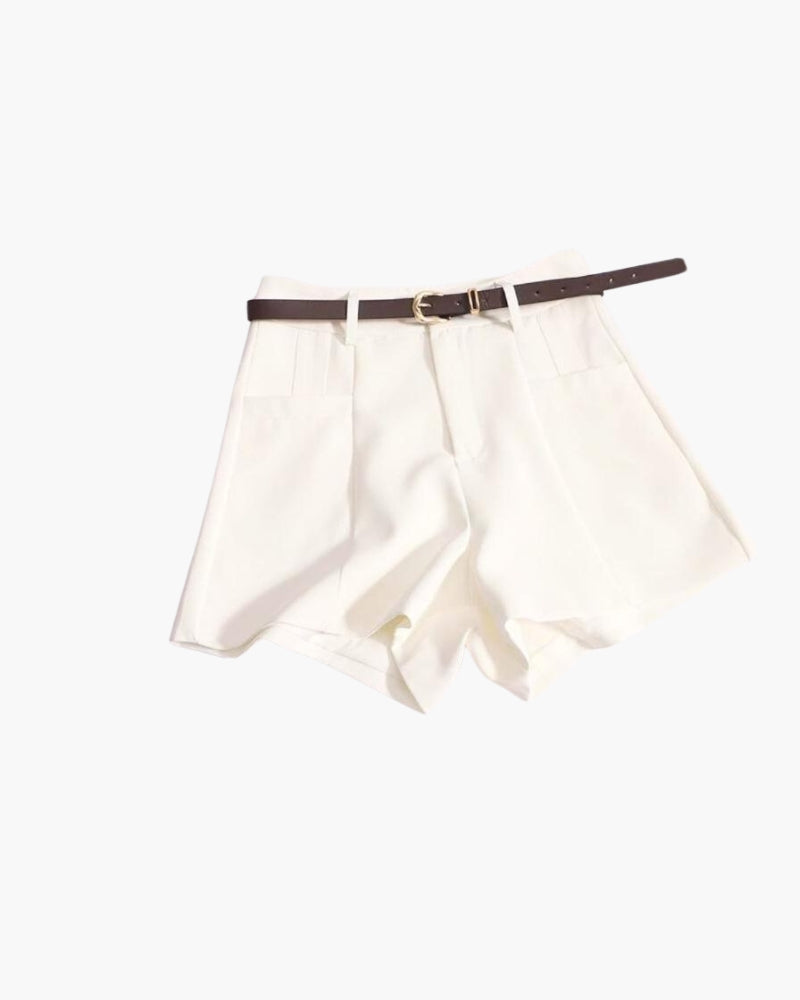 Women's High-Waist Wide-Leg Tailored Shorts with Belt - White