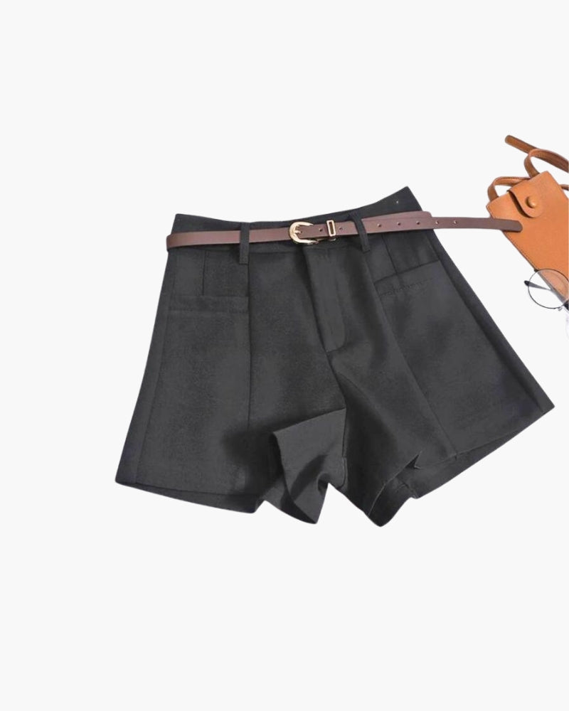 Women's High-Waist Wide-Leg Tailored Shorts with Belt - Black