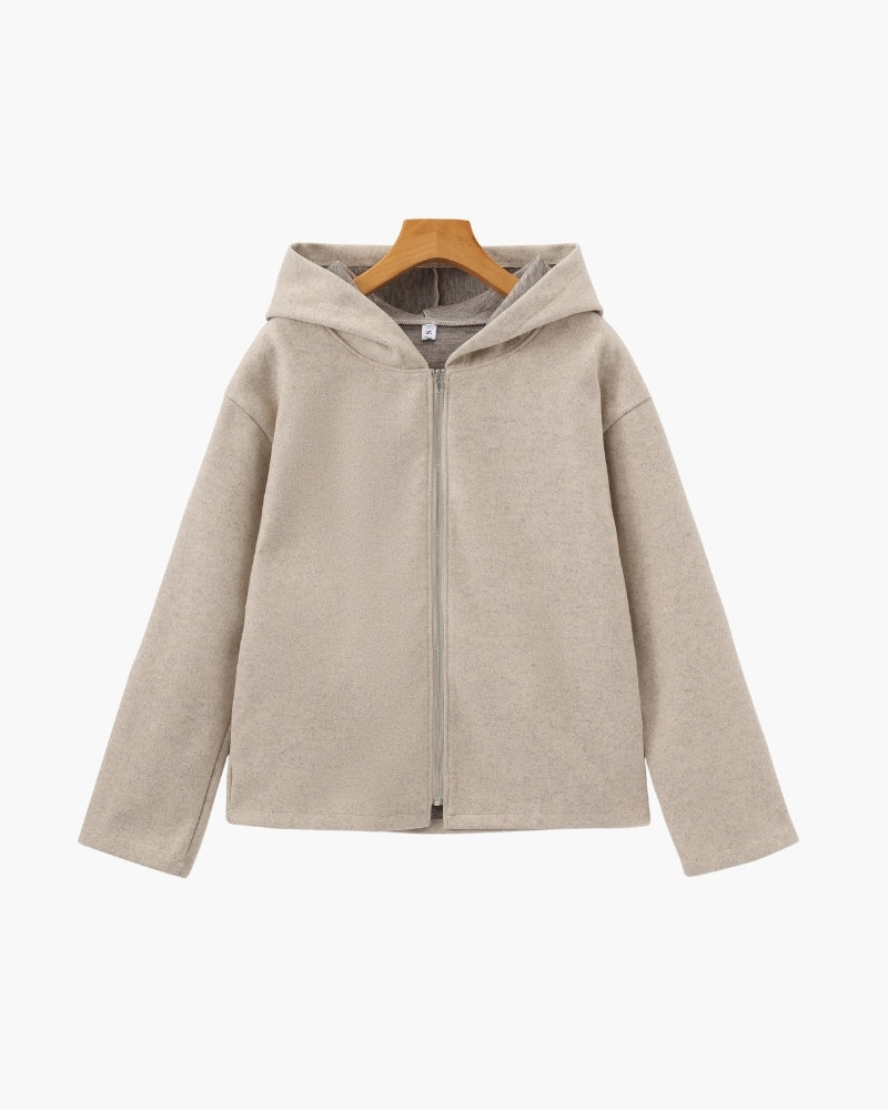 Women's Hooded Wool Zip Coat with Relaxed Structured Fit - Beige