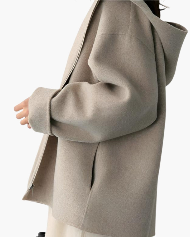Women's Hooded Wool Zip Coat with Relaxed Structured Fit - Beige