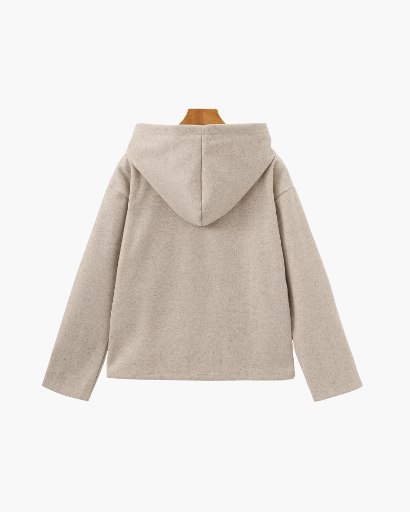 Women's Hooded Wool Zip Coat with Relaxed Structured Fit - Beige