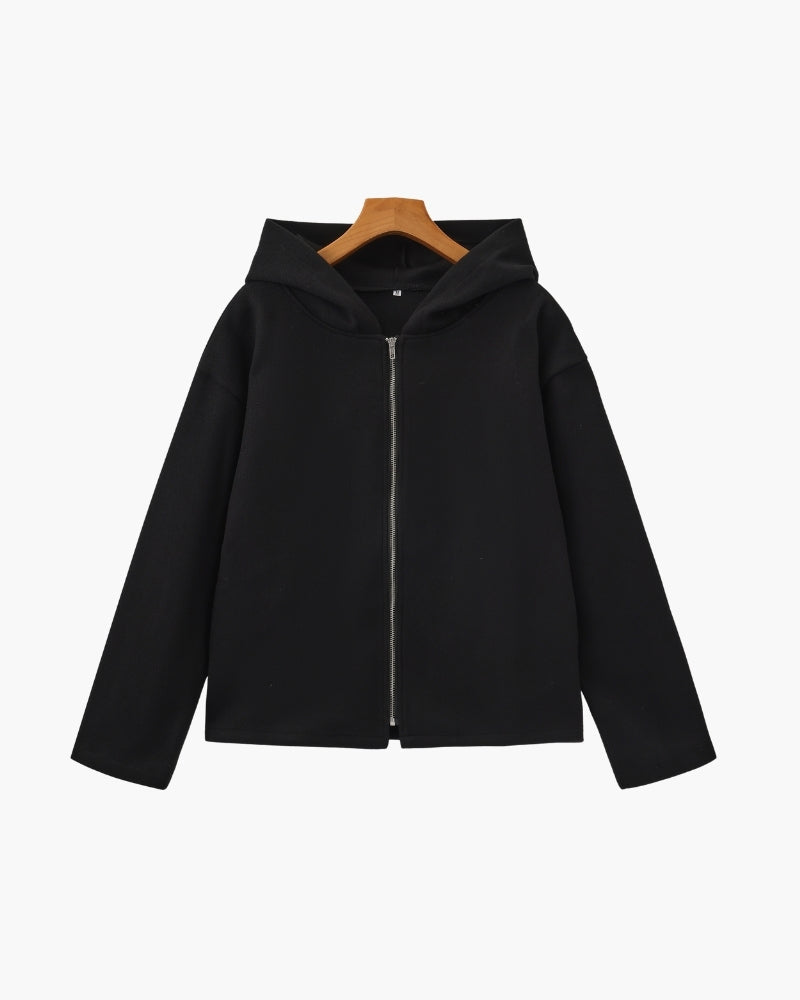 Women's Hooded Wool Zip Coat with Relaxed Structured Fit - Black