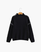 Women's Oversized Knit Sweater with Contrast Stitch Detail - Black