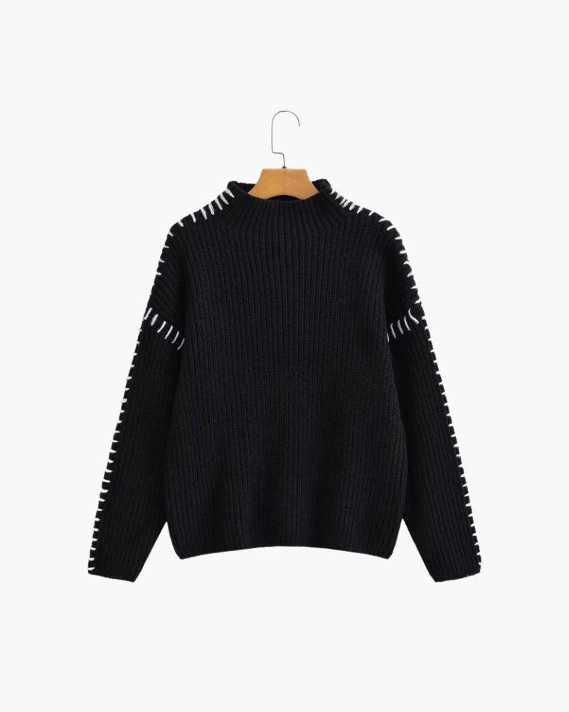 Women's Oversized Knit Sweater with Contrast Stitch Detail - Black