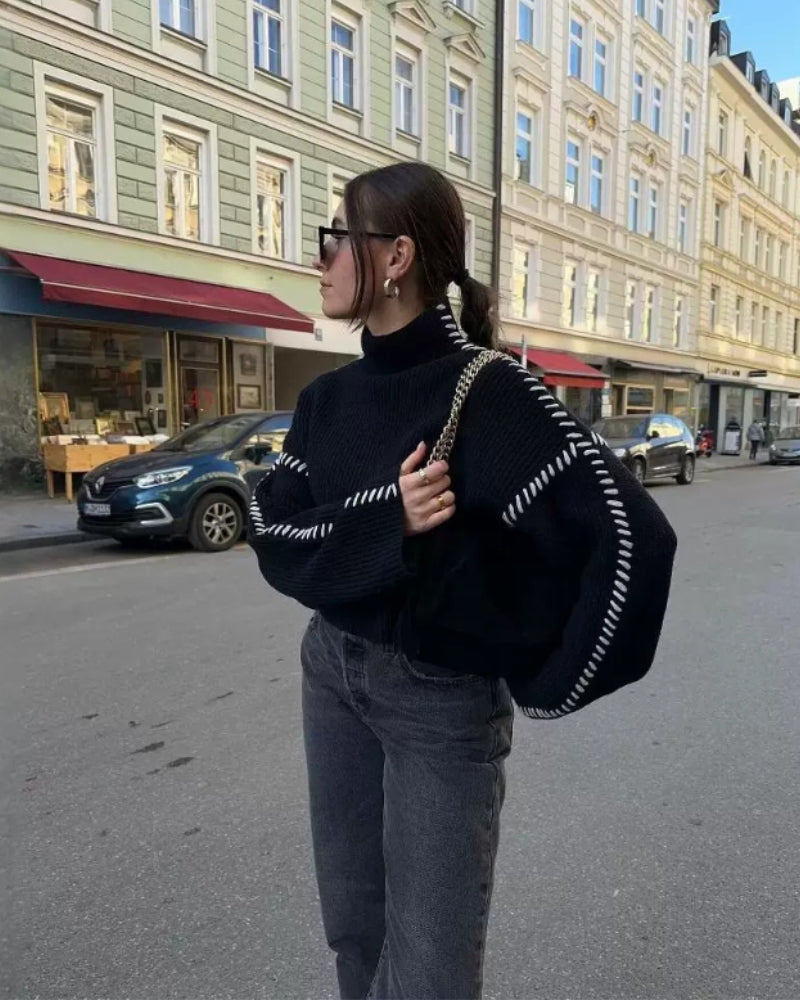 Women's Oversized Knit Sweater with Contrast Stitch Detail - Black