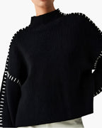 Women's Oversized Knit Sweater with Contrast Stitch Detail - Black