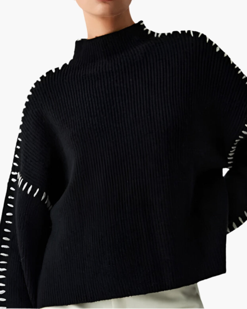 Women's Oversized Knit Sweater with Contrast Stitch Detail - Black
