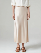 Women's Satin-Look Midi Skirt with Elastic Waist and Bias Cut - Beige
