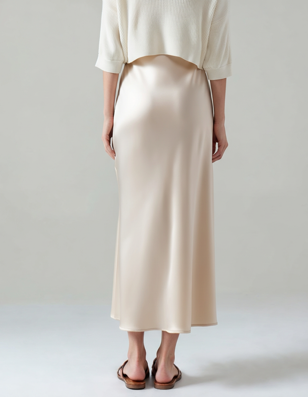 Women's Satin-Look Midi Skirt with Elastic Waist and Bias Cut - Beige