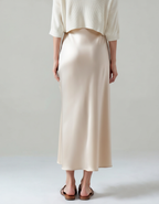 Women's Satin-Look Midi Skirt with Elastic Waist and Bias Cut - Beige