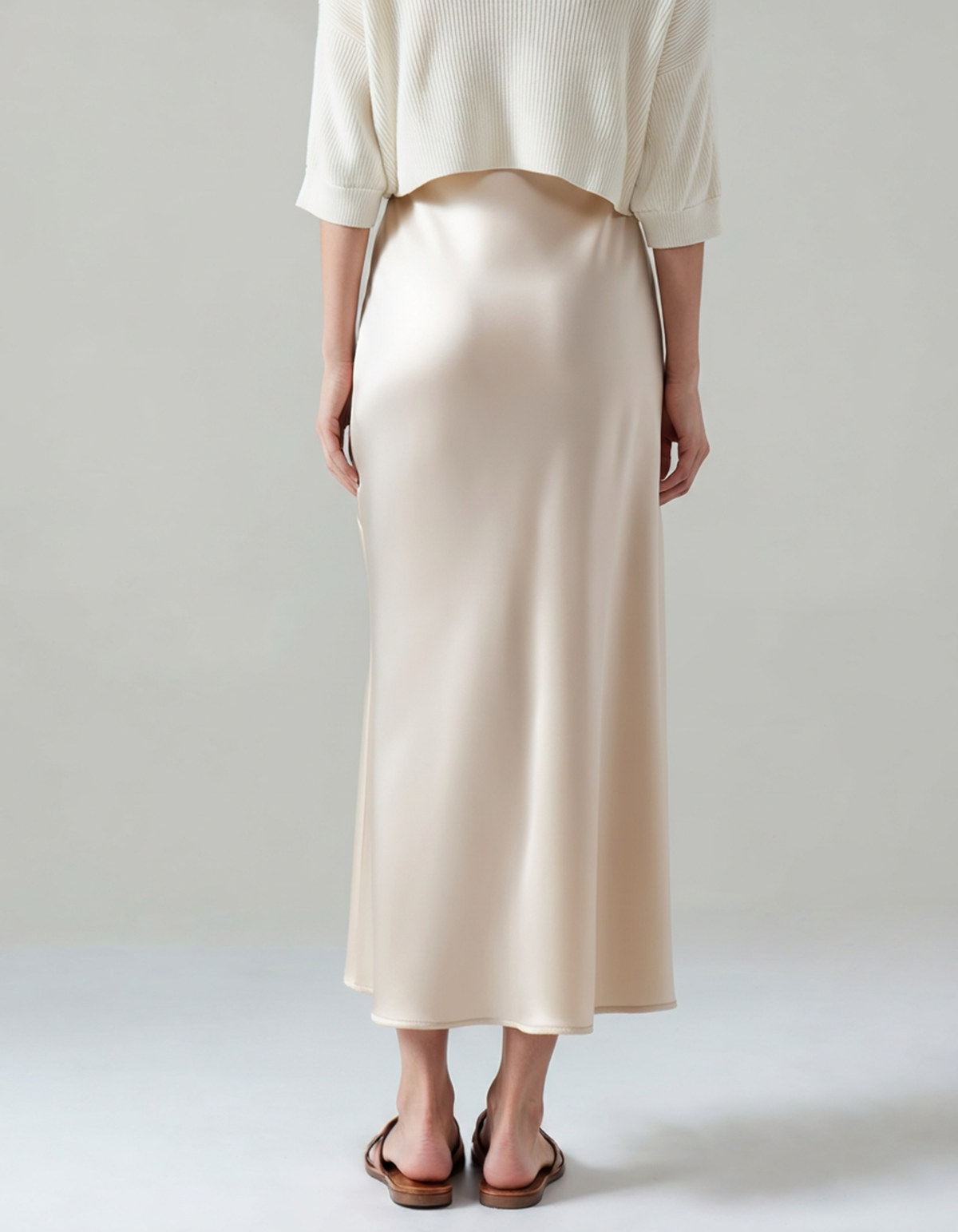 Women's Satin-Look Midi Skirt with Elastic Waist and Bias Cut - Beige