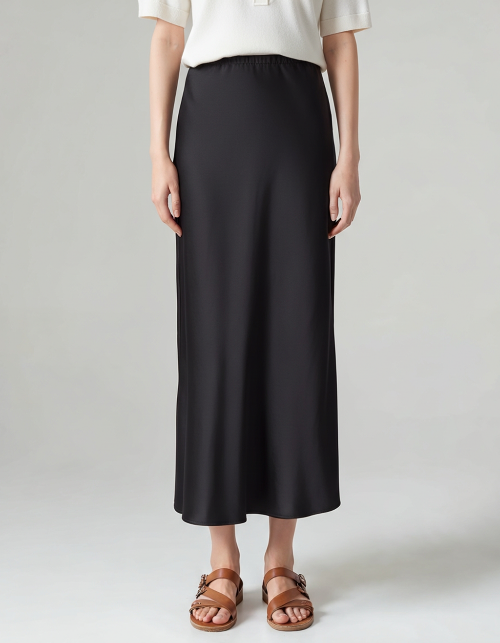 Women's Satin-Look Midi Skirt with Elastic Waist and Bias Cut - Black