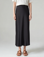 Women's Satin-Look Midi Skirt with Elastic Waist and Bias Cut - Black