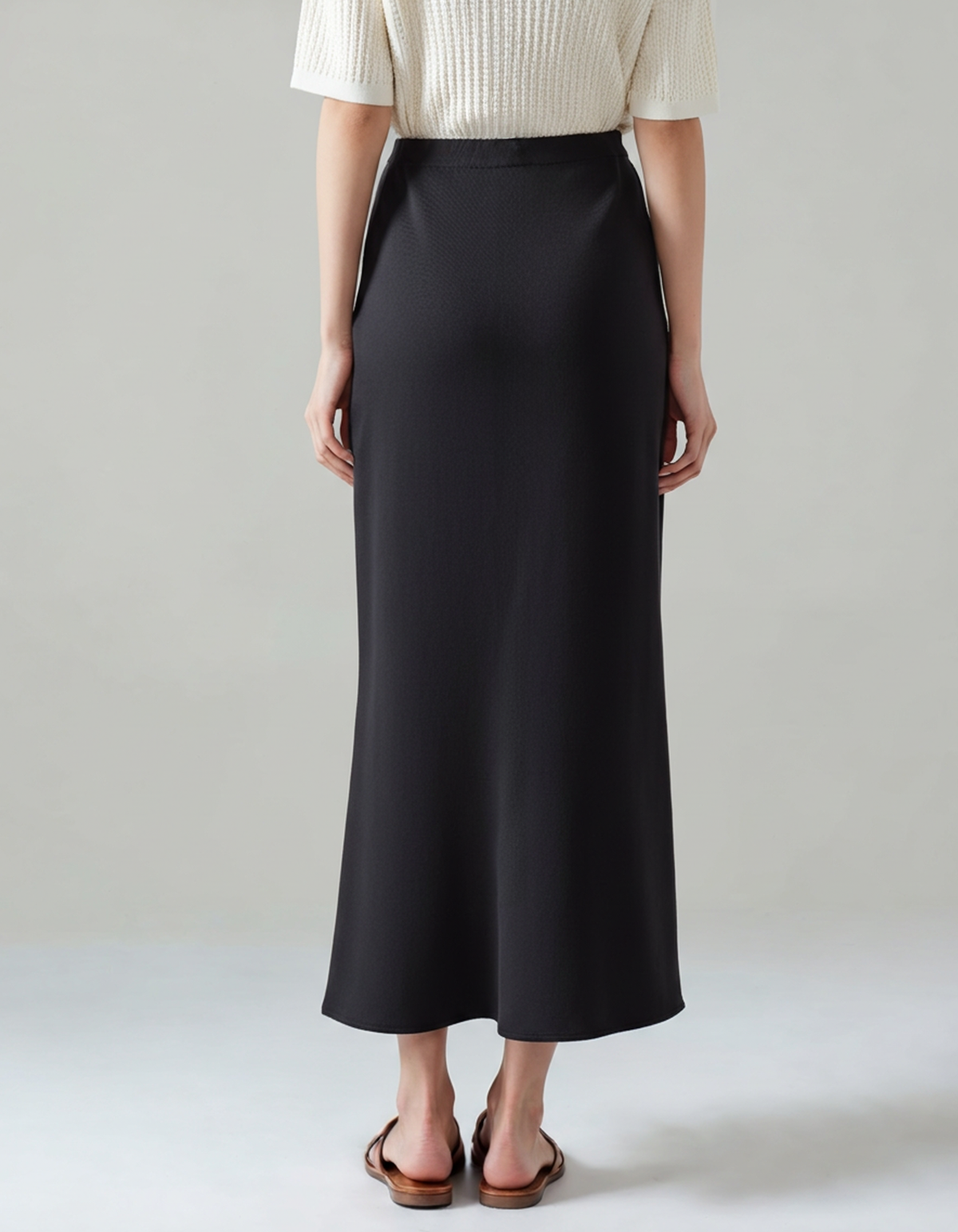 Women's Satin-Look Midi Skirt with Elastic Waist and Bias Cut - Black