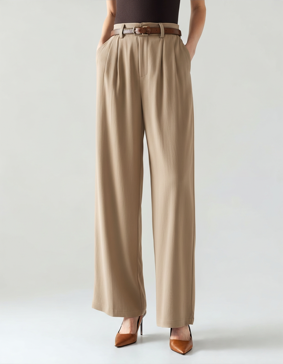 Women's Straight-Cut Lightweight Trousers with Pressed Crease - Khaki