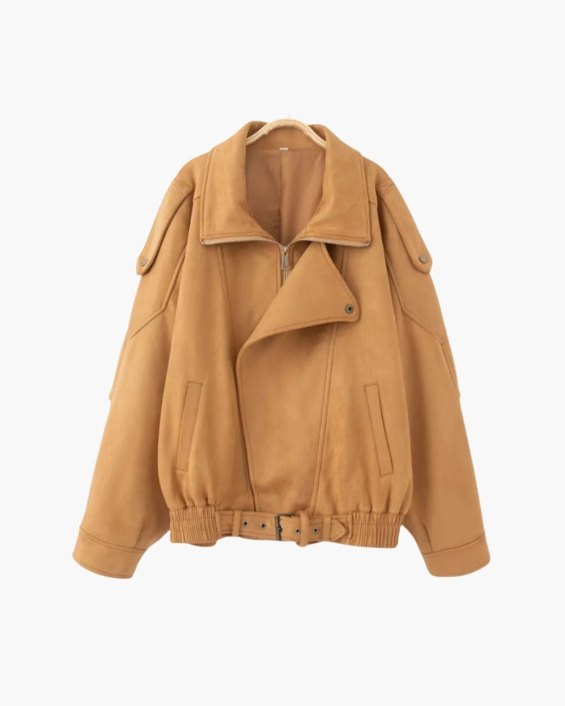 Women's Suede-Look Drape Jacket with Lapel and Shoulder Flaps - Beige