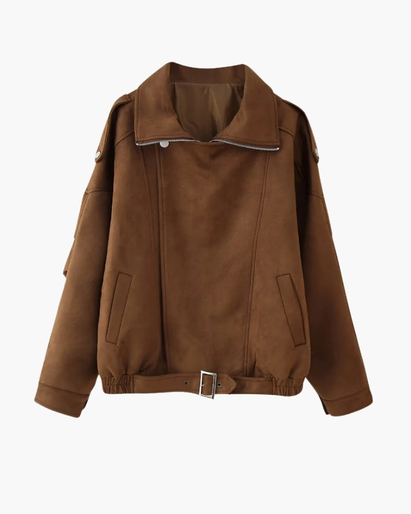 Women's Suede-Look Drape Jacket with Lapel and Shoulder Flaps - Dark Brown