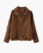Women's Suede-Look Drape Jacket with Lapel and Shoulder Flaps - Dark Brown