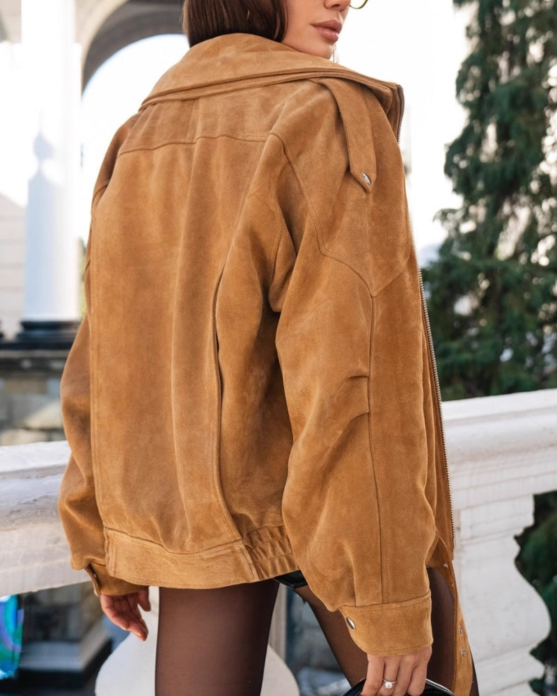 Women's Suede-Look Drape Jacket with Lapel and Shoulder Flaps