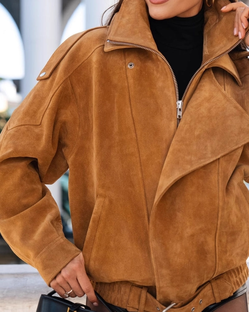 Women's Suede-Look Drape Jacket with Lapel and Shoulder Flaps