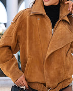 Women's Suede-Look Drape Jacket with Lapel and Shoulder Flaps