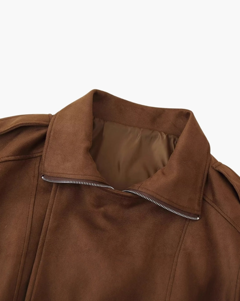Women's Suede-Look Drape Jacket with Lapel and Shoulder Flaps