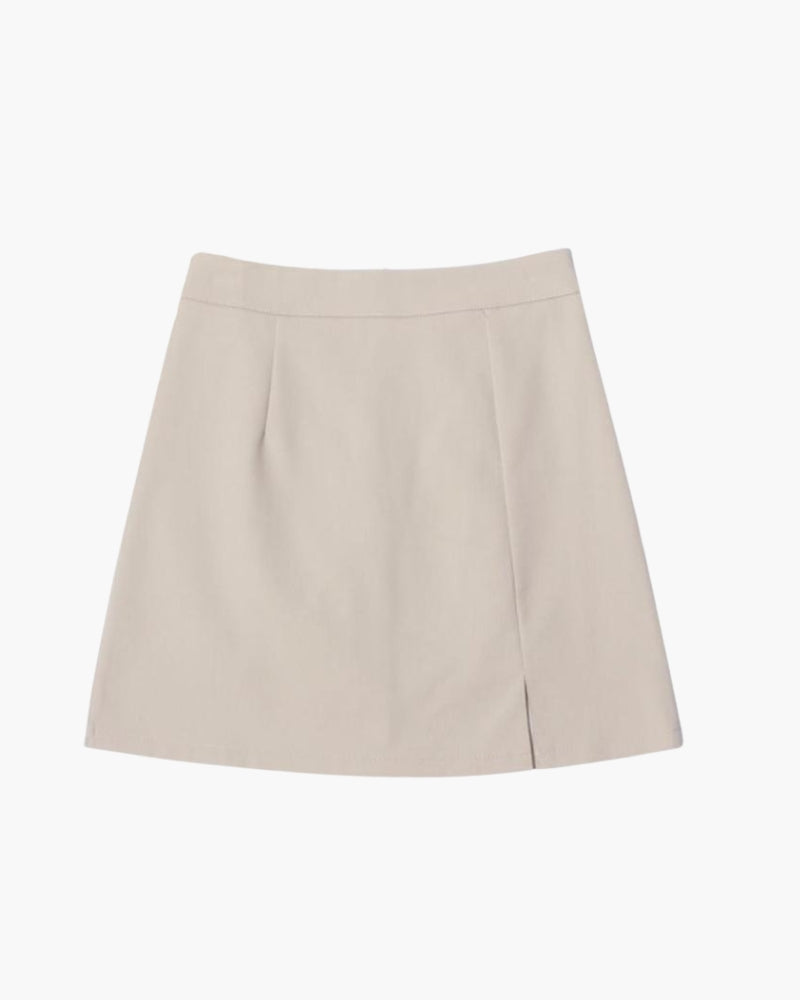 Women's Tailored Mini Skirt with Side Slit and Back Zip - Beige