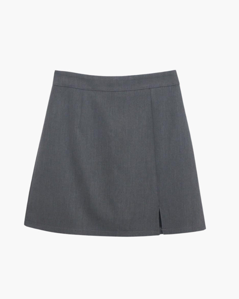 Women's Tailored Mini Skirt with Side Slit and Back Zip - Gray
