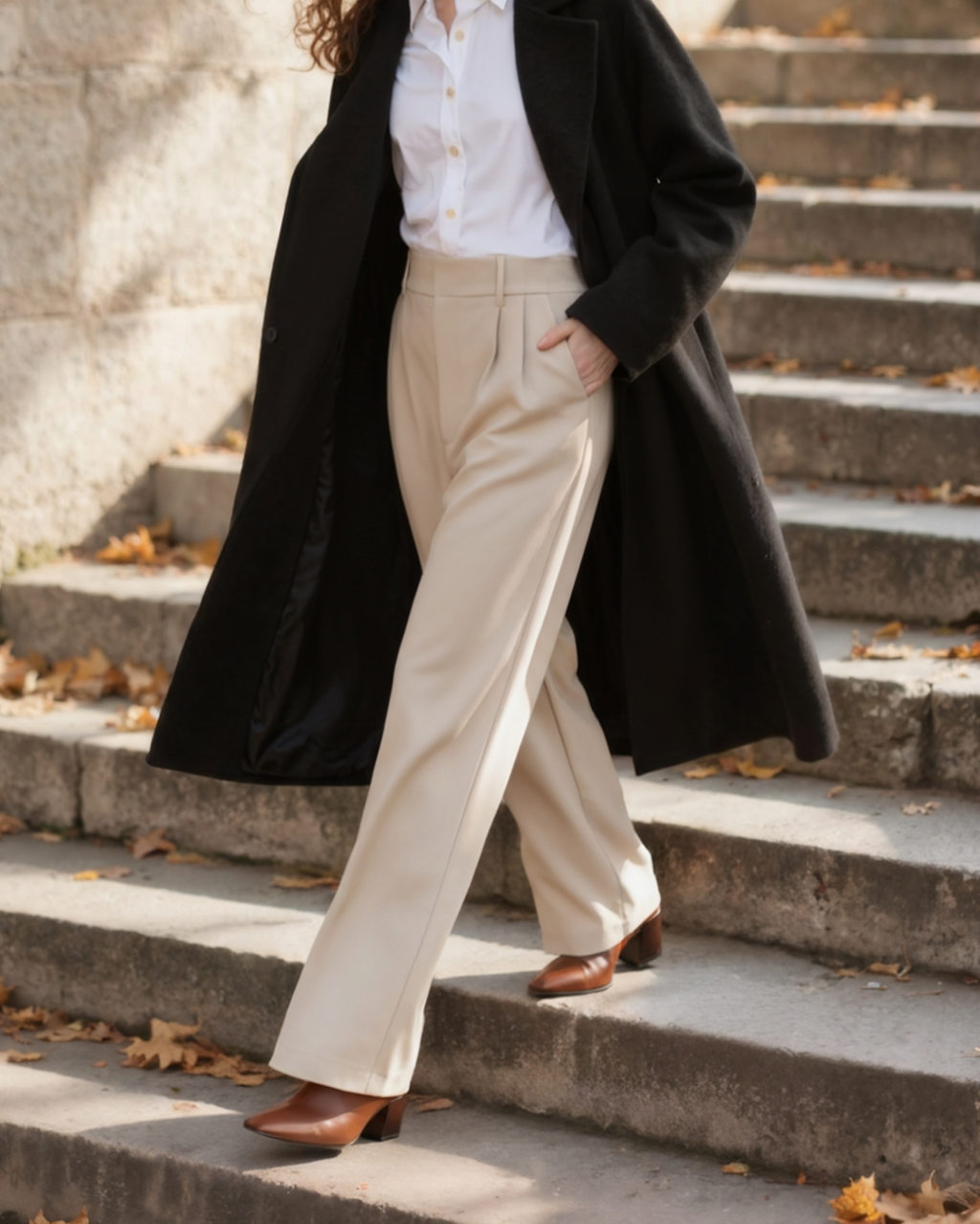 Women's Wide-Leg Trousers with Tailored Waistband and Fluid Fall - Beige