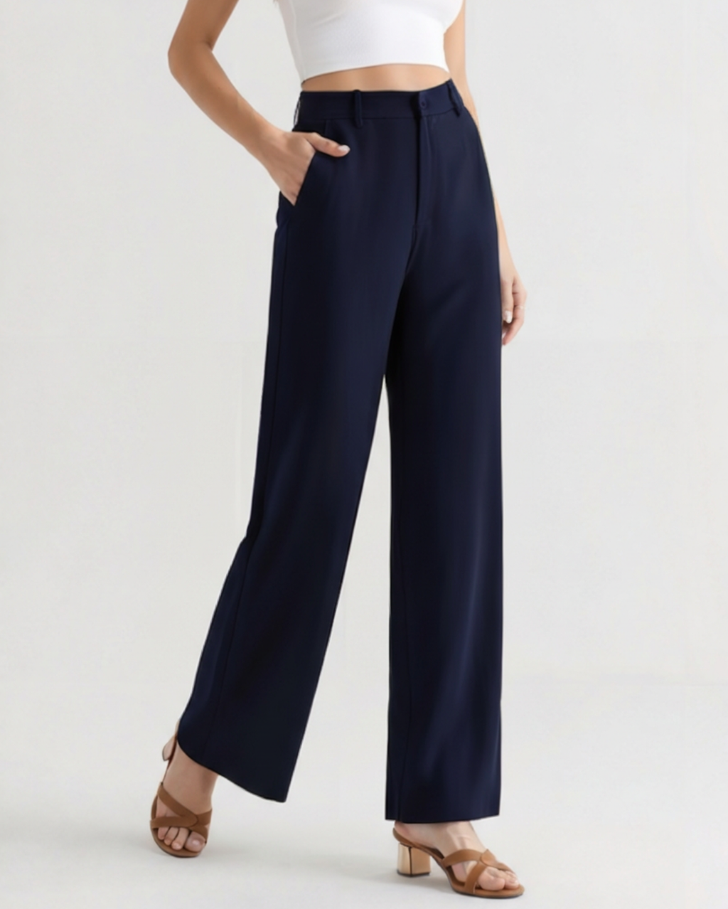 Women's Wide-Leg Trousers with Tailored Waistband and Fluid Fall - Navy