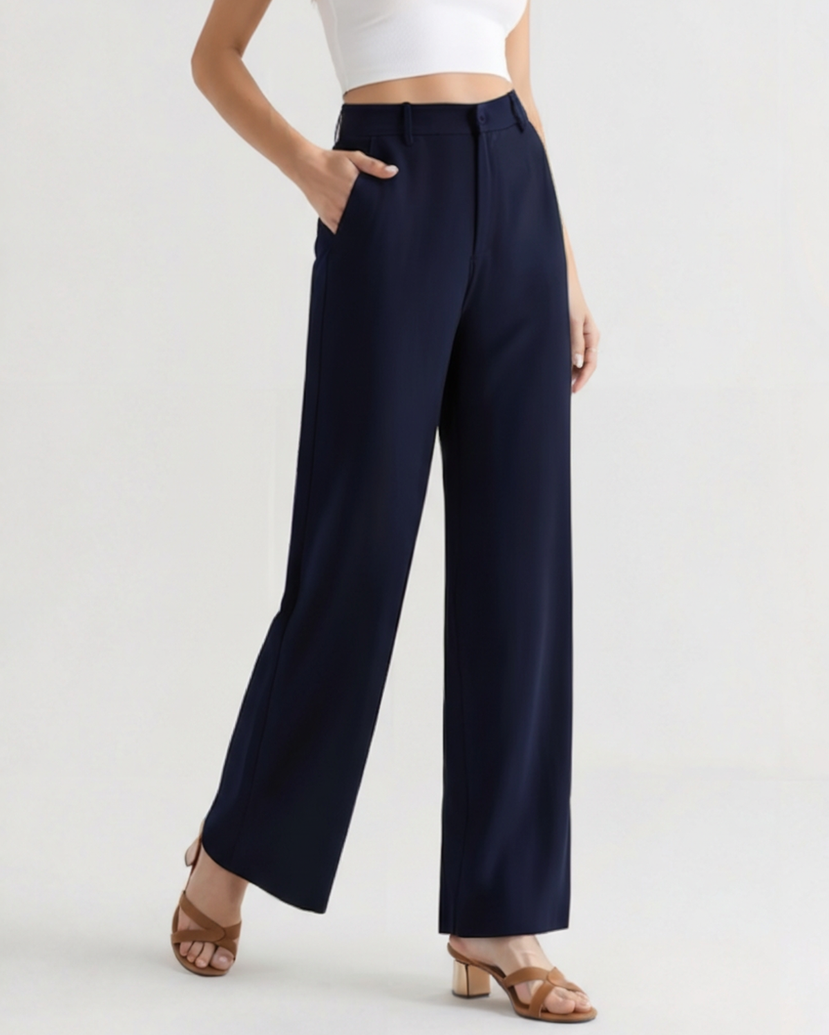 Women's Wide-Leg Trousers with Tailored Waistband and Fluid Fall - Navy