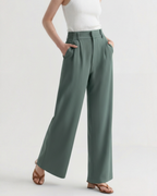 Women's Wide-Leg Trousers with Tailored Waistband and Fluid Fall - Green