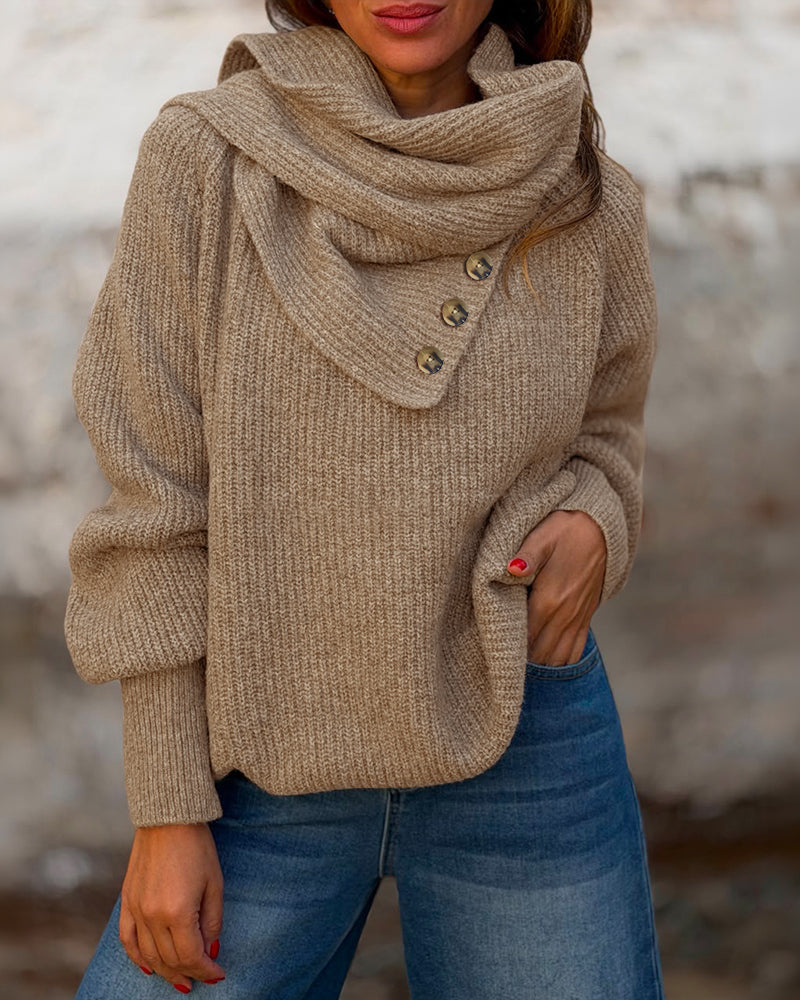 Wrap-Style Cowl Collar Knit Sweater in Coffee - Coffee