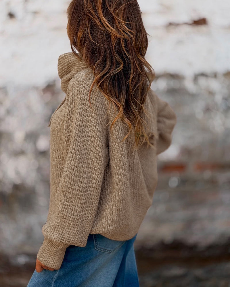 Wrap-Style Cowl Collar Knit Sweater in Coffee - Coffee