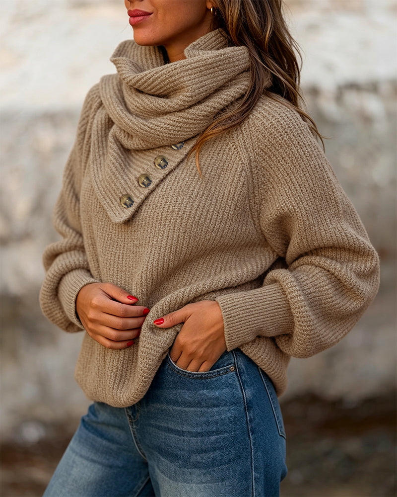 Wrap-Style Cowl Collar Knit Sweater in Coffee - Coffee